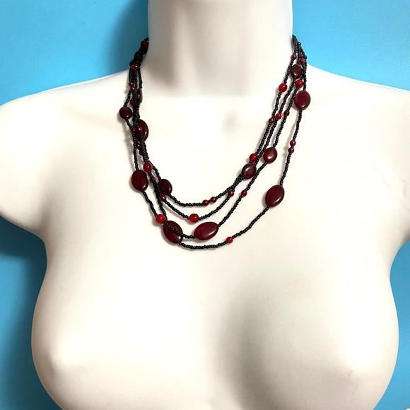 Black Seed Beads & Red Glass Beads Multi-strand Necklace Artisan Made - Picture 2 of 6